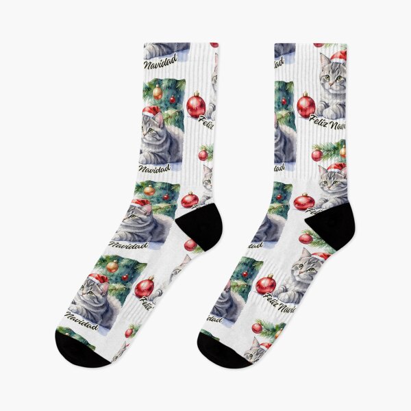Item preview, Little grey tabby cat with hat under the Christmas tree, Feliz Navidad text designed and sold by LiskoDesign.