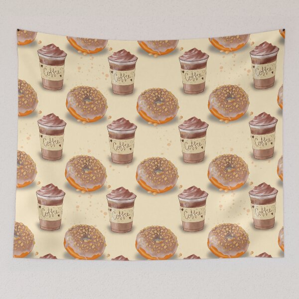 Item preview, Cozy coffee and donut digital hand drawn illustration pattern with beige background designed and sold by dreamseller88.