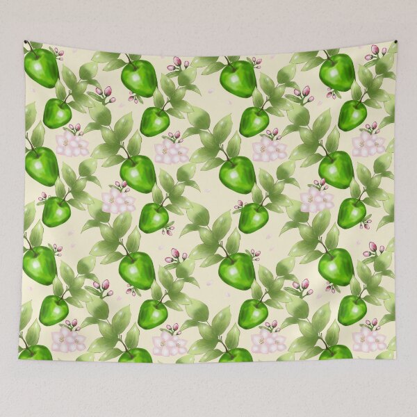 Item preview, Fresh hand drawn digital illustration, apple tree, green apple, apple flower, with beige background designed and sold by dreamseller88.