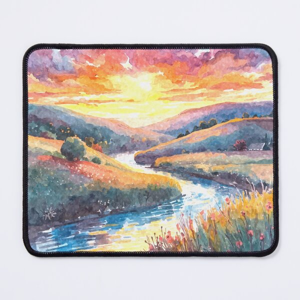 Item preview, Sunset Watercolor Landscape with Stream | Tranquil Nature Painting designed and sold by Vivid Studio.