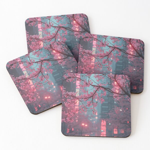 Item preview, Cyberpunk Sakura Night Art - Neon Pink Cherry Blossom Cityscape Painting designed and sold by MetroEnvision.