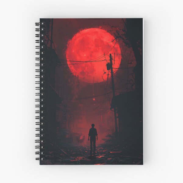 Artikelvorschau, Blutmond-Horrorkunst – Einsame Figur in dunkler Gasse unter rotem Himmel entworfen und verkauft von MetroEnvision.