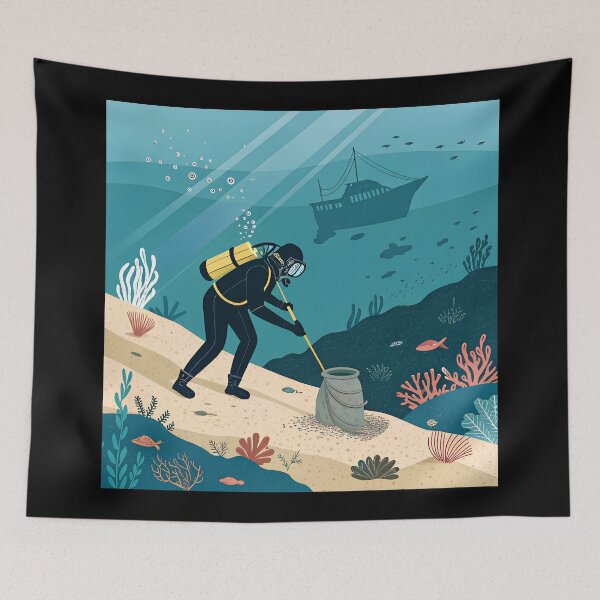 Item preview, Underwater Archaeology Scene – Scuba Diver Discovering Ancient Amphora in the Deep Sea designed and sold by VividOrganica.