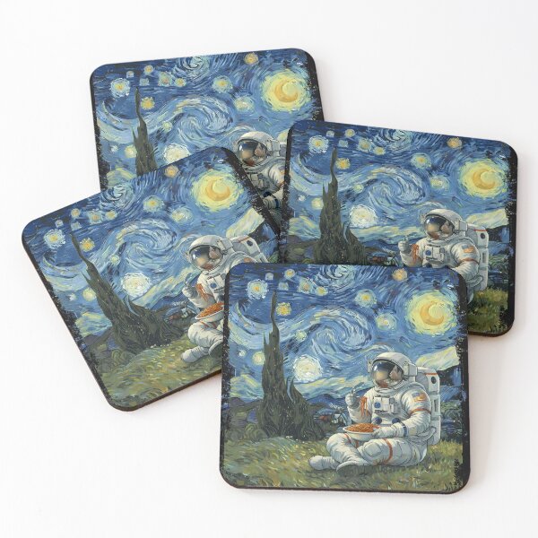 Item preview, Space man, astronaut  eating spaghetti in impressionism,Van Gogh parody, famous painting, Starry Night Style Van Gogh painting impressionism designed and sold by Collagedream.