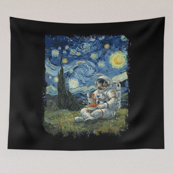 Item preview, Space man, astronaut  eating spaghetti in impressionism,Van Gogh parody, famous painting, Starry Night Style Van Gogh painting impressionism designed and sold by Collagedream.