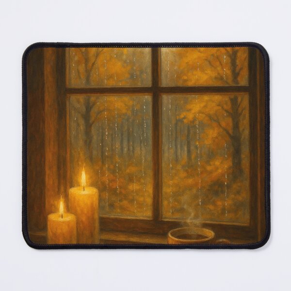 Item preview, A cozy autumn evening scene viewed through a rain-speckled window. designed and sold by OxiSkor.