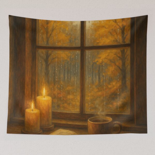 Item preview, A cozy autumn evening scene viewed through a rain-speckled window. designed and sold by OxiSkor.