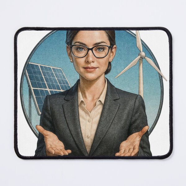 Item preview, Professional woman presents solar panel and wind turbine options designed and sold by Creative88Art.