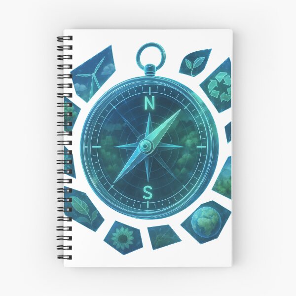 Item preview, Teal compass points northeast with eco icons in a modern black scene designed and sold by Creative88Art.