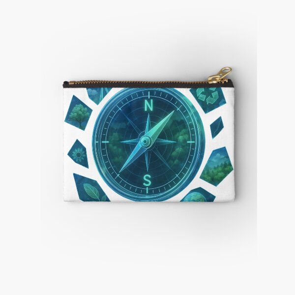 Item preview, Teal compass points northeast with eco icons in a modern black scene designed and sold by Creative88Art.