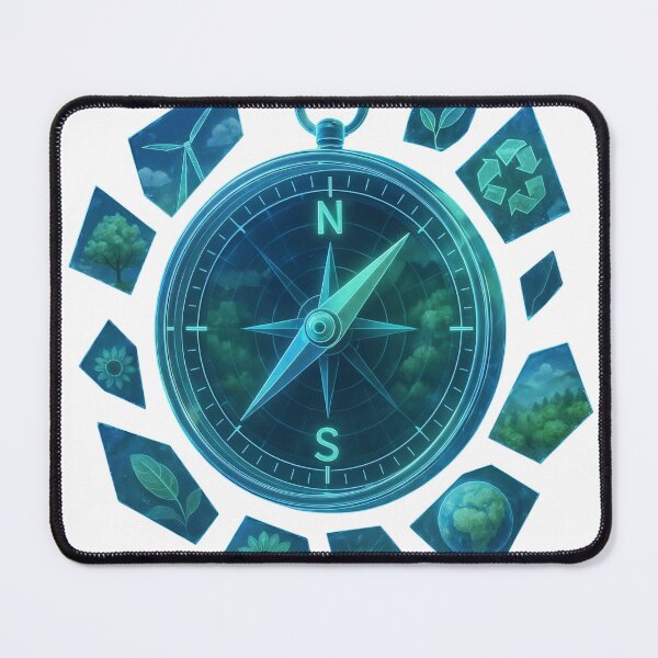Item preview, Teal compass points northeast with eco icons in a modern black scene designed and sold by Creative88Art.