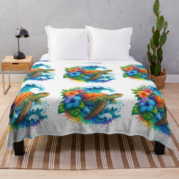 Item preview, Sea Turtle with Tropical Flowers and Ocean Waves Art designed and sold by ArtfulWeave.