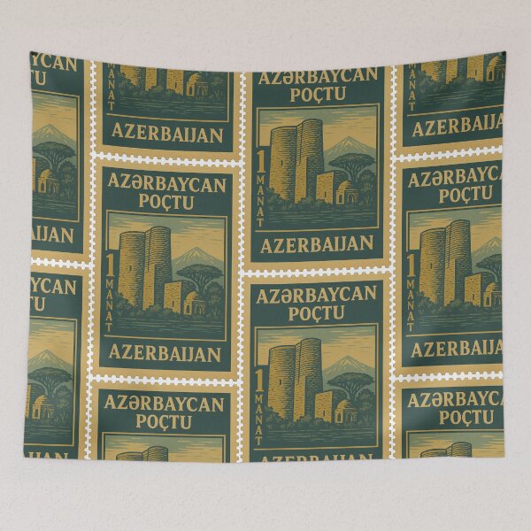 Item preview, Vintage Azerbaijan Postage Stamp – Maiden Tower and Mountain Retro Travel Design designed and sold by Travellerz.