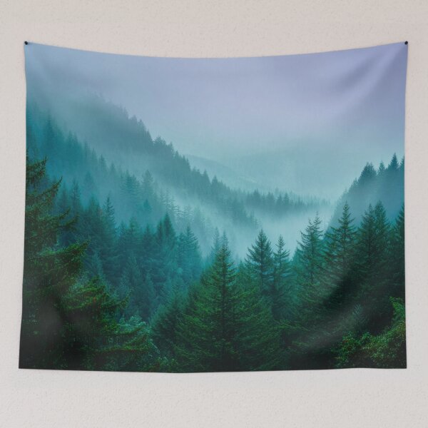Item preview, Dense Fog Rolling Hills Green and Blue Evergreen Forests designed and sold by scicilysimonee.