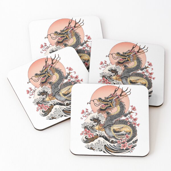 Item preview, Golden Black Dragon & Sakura Waves – Japanese Tattoo Style Art | Rising Sun Mythical Illustration designed and sold by Rosemoonjapan.
