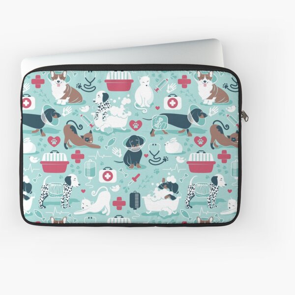 Veterinary medicine, happy and healthy friends // aqua background red details navy blue white and brown cats dogs and other animals Laptop Sleeve
