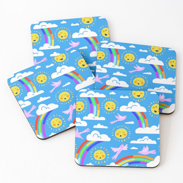 Item preview, Rainbow Sky Happy Sunshine and Clouds with cute birds sky blue large designed and sold by ArtOfSmallJoys.