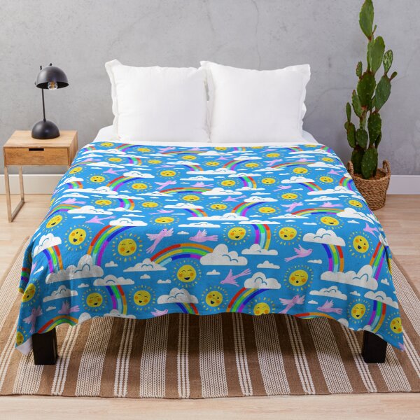 Item preview, Rainbow Sky Happy Sunshine and Clouds with cute birds sky blue large designed and sold by ArtOfSmallJoys.
