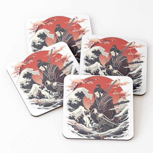 Item preview, Cat & Samurai under the Red Moon – Japanese Tattoo Style with Waves and Sakura | Ukiyo-e Irezumi Art designed and sold by Rosemoonjapan.