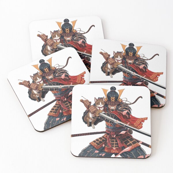 Item preview, Samurai with Cat & Sakura Petals – Japanese Tattoo-Style Warrior Art | Katana Red Armor Illustration designed and sold by Rosemoonjapan.