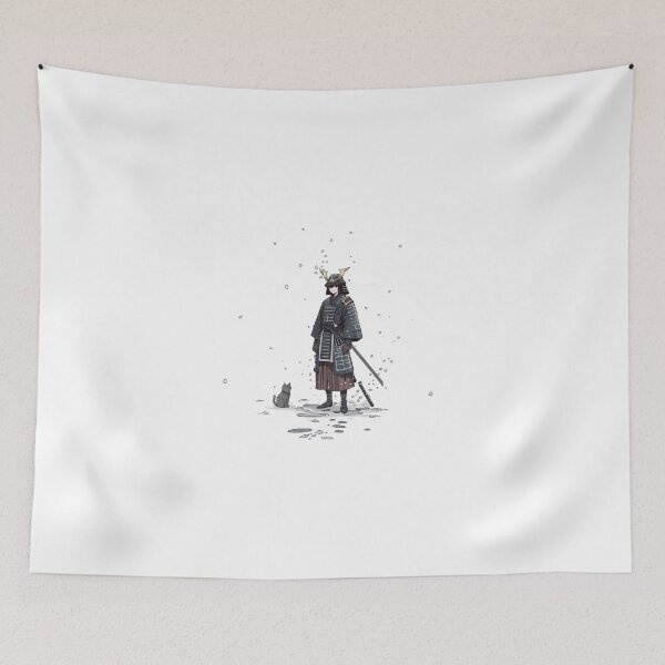 Item preview, Snowfall Samurai & Cat – Minimal Japanese Tattoo Style | Quiet Ronin Illustration designed and sold by Rosemoonjapan.