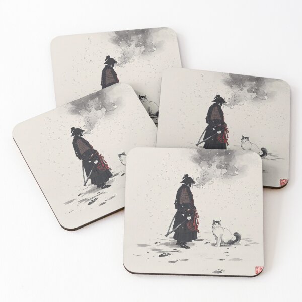 Item preview, Snow Quiet: Samurai & Cat in Winter – Minimal Japanese Ink Tattoo Style | Ukiyo-e Inspired designed and sold by Rosemoonjapan.