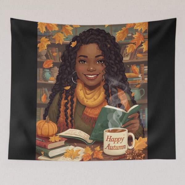 Item preview, Smiling Bookish Black Girl In Autumn designed and sold by lovelywhimsyart.