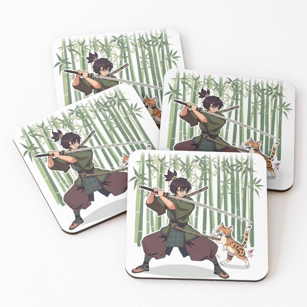 Item preview, Samurai & Playful Cat in Bamboo Grove – Japanese Tattoo-Style Character Art | Irezumi Inspired designed and sold by Rosemoonjapan.