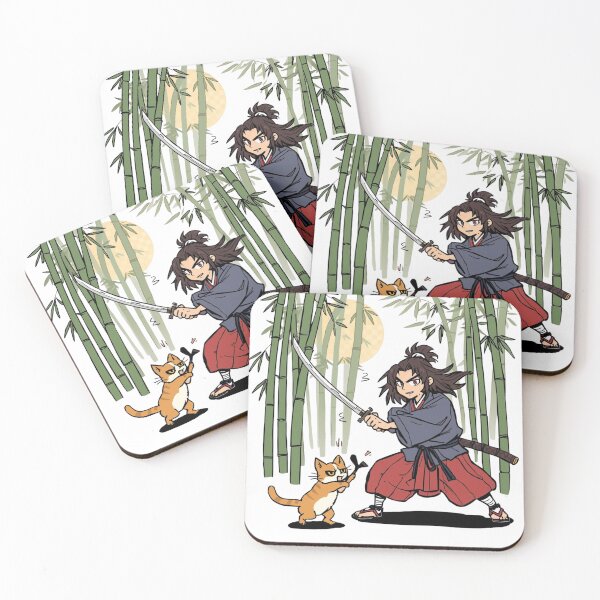 Item preview, Samurai & Cat under the Moon in Bamboo Grove – Japanese Tattoo-Style Character Art | Irezumi Inspired designed and sold by Rosemoonjapan.