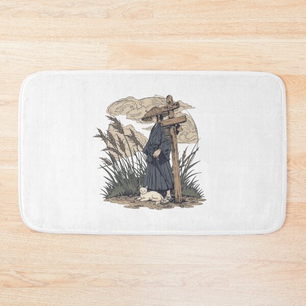 Item preview, Ronin & White Cat at the Crossroads – Japanese Tattoo-Style Travel Scene | Ukiyo-e Inspired designed and sold by Rosemoonjapan.