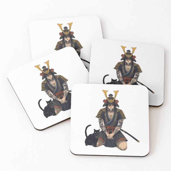 Item preview, Samurai with Black Cat – Elegant Japanese Tattoo-Style Warrior | Gold Accents Irezumi Art designed and sold by Rosemoonjapan.