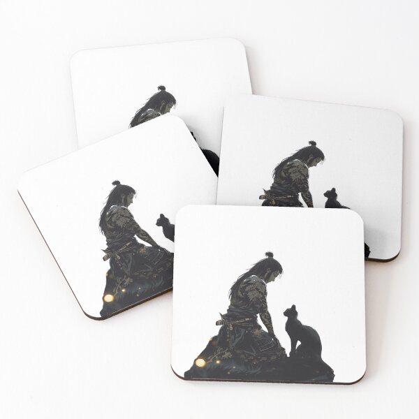 Item preview, Night Samurai & Black Cat with Fireflies – Elegant Japanese Tattoo Style | Gold Accents Irezumi Art designed and sold by Rosemoonjapan.
