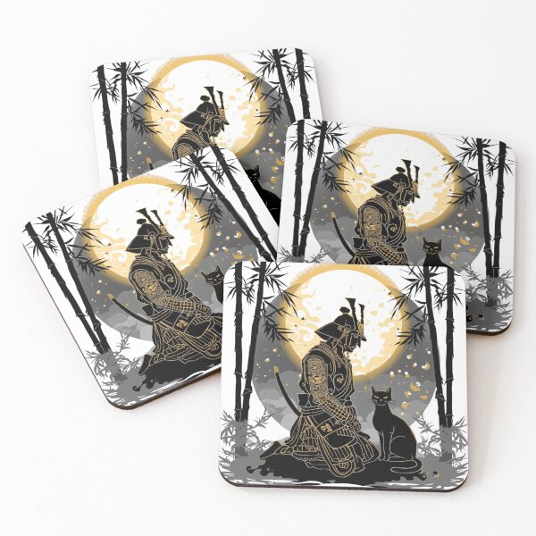 Item preview, Moonlit Samurai & Black Cat in Bamboo – Elegant Japanese Tattoo Style | Gold Line Irezumi Art designed and sold by Rosemoonjapan.
