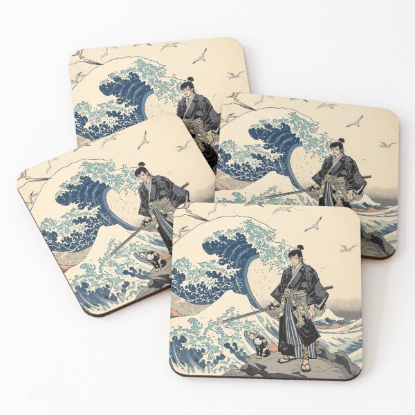 Item preview, Samurai & Cat by the Great Wave – Ukiyo-e Japanese Tattoo Style | Ocean Warrior Illustration designed and sold by Rosemoonjapan.