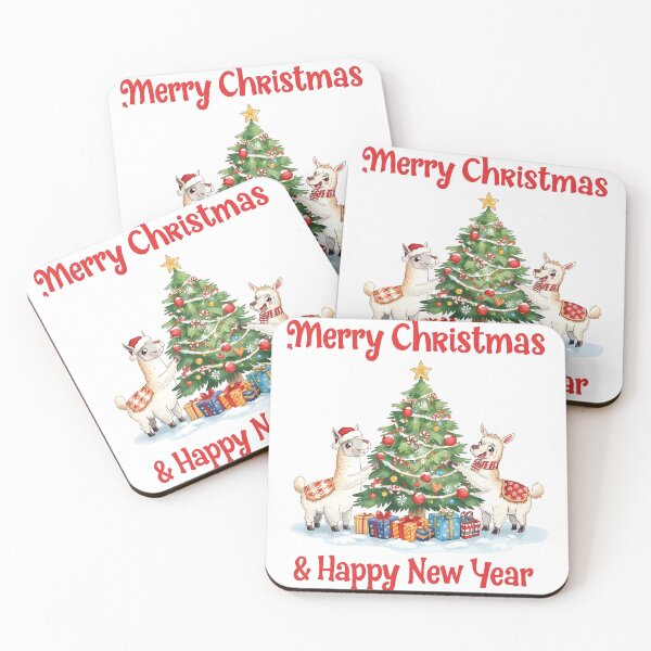 Item preview, two, lamas, alpacas, lama, with, wearing, Santa, Christmas, Claus, hat, holiday, new, on, solid, background, card, design, green, colors, red, funny, cartoon, merry, Santa Claus, winter designed and sold by PWDigitalArt.