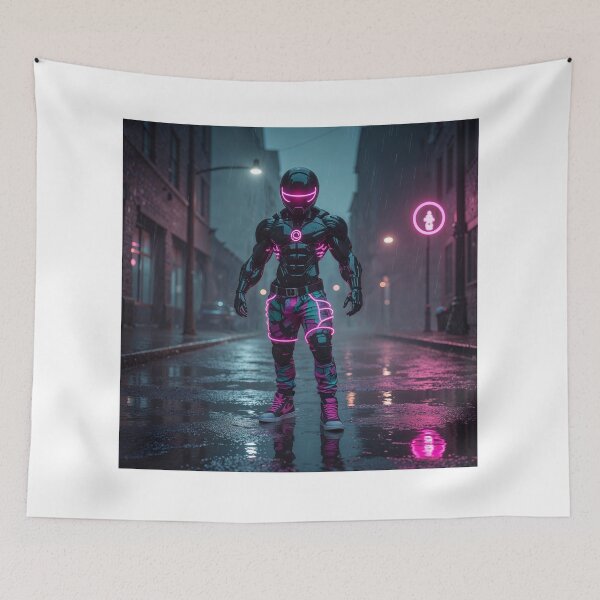 Item preview, Cyberpunk Neon Warrior – Futuristic Street Hero in the Rain designed and sold by PLUSHIWORLDtm.