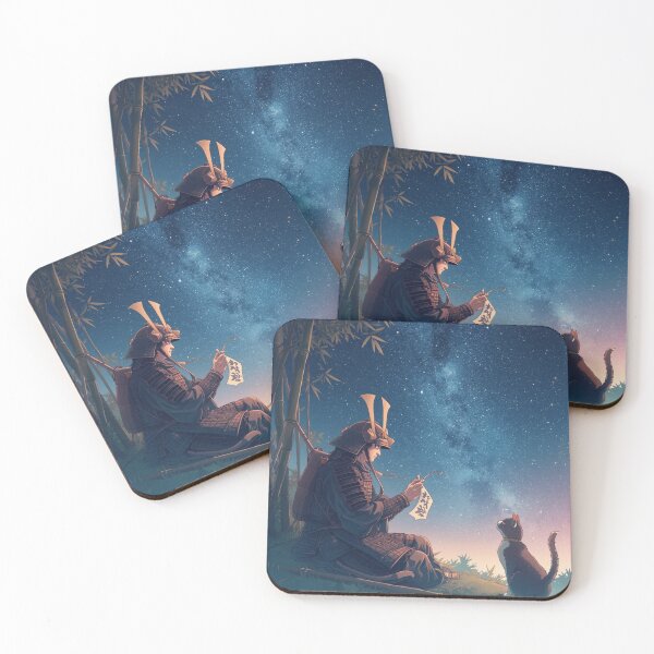 Item preview, Starry Night Samurai & Cat – Bamboo Wishes under the Milky Way | Japanese Tattoo-Style Art designed and sold by Rosemoonjapan.