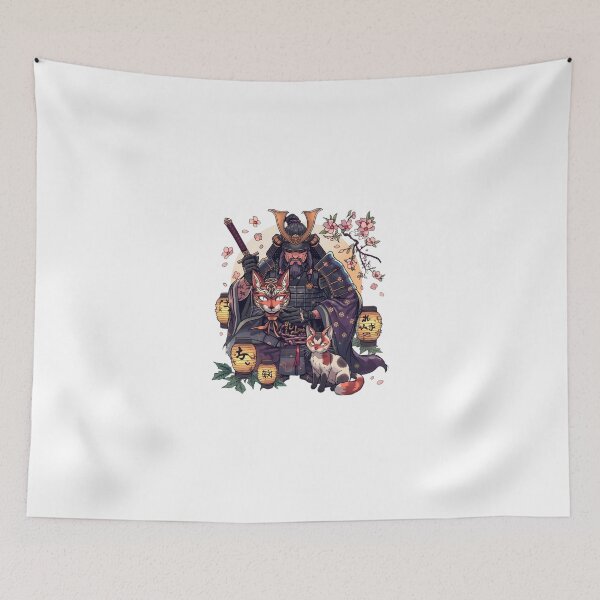 Item preview, Samurai with Fox Mask & Cat – Japanese Festival Art with Lanterns and Sakura designed and sold by Rosemoonjapan.