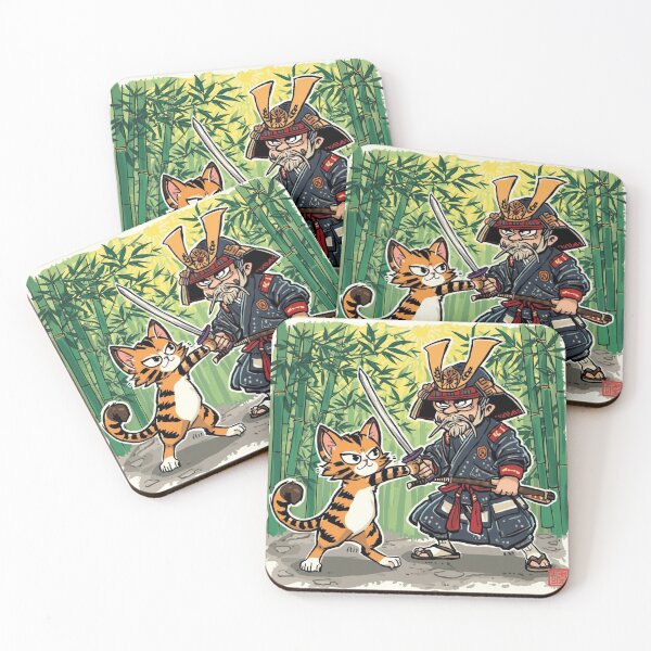 Item preview, Samurai Master and Tiger Cat – Funny Japanese Bamboo Duel Cartoon Art designed and sold by Rosemoonjapan.