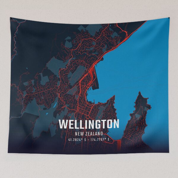 Item preview, Wellington Red & Blue Minimalist Map designed and sold by HomeLivingCo.