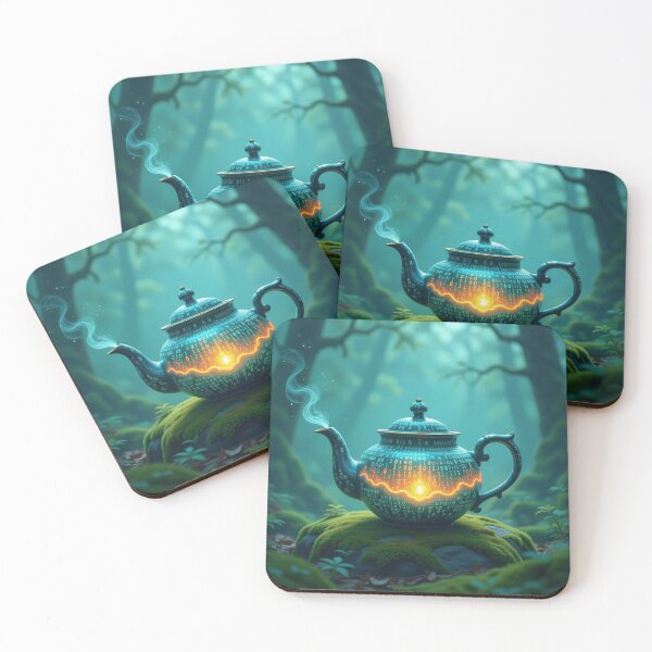 Item preview, DigitalTeapot Glow – VintageCeramic meets BinaryCode on mossy stone in the enchanted forest designed and sold by FotoworldEdel.
