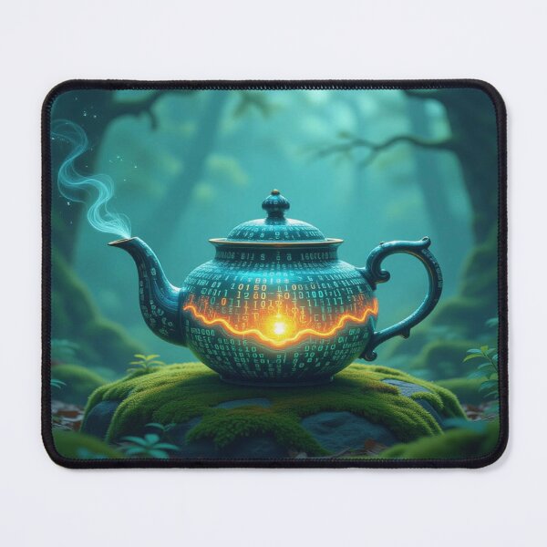 Item preview, DigitalTeapot Glow – VintageCeramic meets BinaryCode on mossy stone in the enchanted forest designed and sold by FotoworldEdel.