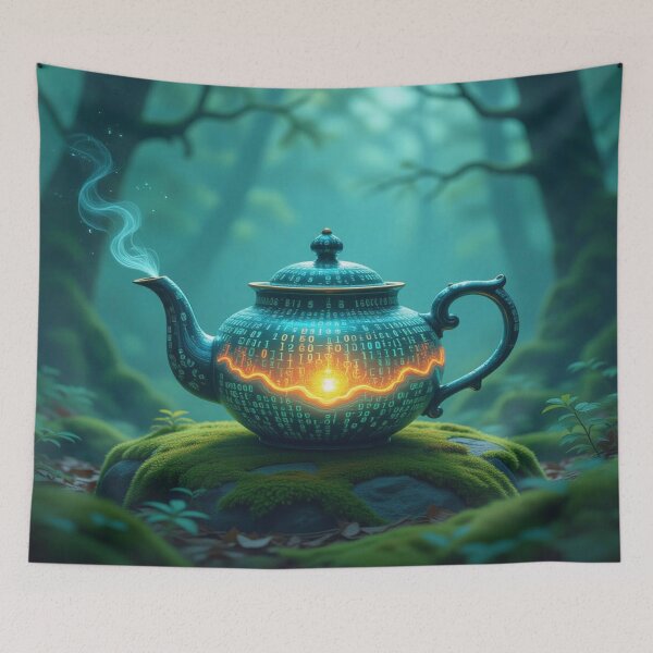 Item preview, DigitalTeapot Glow – VintageCeramic meets BinaryCode on mossy stone in the enchanted forest designed and sold by FotoworldEdel.