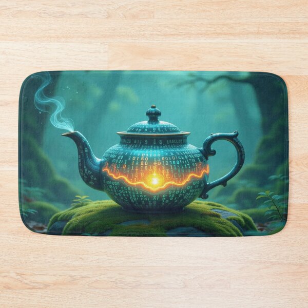 Item preview, DigitalTeapot Glow – VintageCeramic meets BinaryCode on mossy stone in the enchanted forest designed and sold by FotoworldEdel.