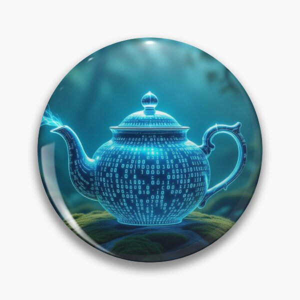 Item preview, DigitalTeapot Glow – VintageCeramic meets BinaryCode on mossy stone in the enchanted forest designed and sold by FotoworldEdel.