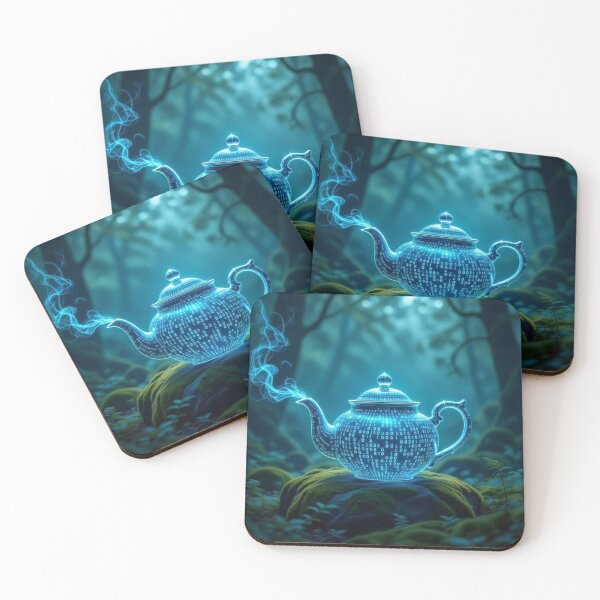 Item preview, DigitalTeapot Glow – VintageCeramic meets BinaryCode on mossy stone in the enchanted forest designed and sold by FotoworldEdel.