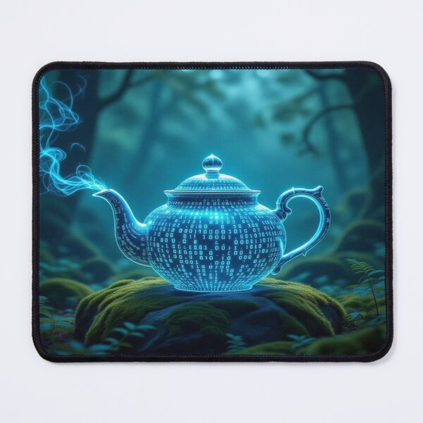 Item preview, DigitalTeapot Glow – VintageCeramic meets BinaryCode on mossy stone in the enchanted forest designed and sold by FotoworldEdel.