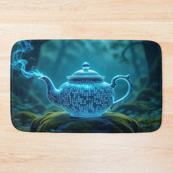 Item preview, DigitalTeapot Glow – VintageCeramic meets BinaryCode on mossy stone in the enchanted forest designed and sold by FotoworldEdel.