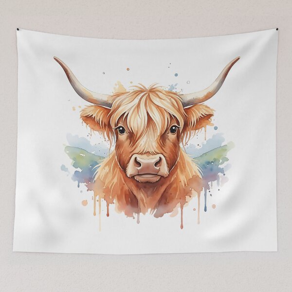 Item preview, highland cow watercolour splash designed and sold by Metaverse8.