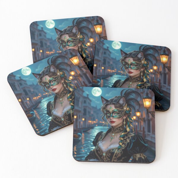 Item preview, Moonlit Masquerade – Masked woman with feline grace & brocade dreams between lagoon light and transformation designed and sold by FotoworldEdel.